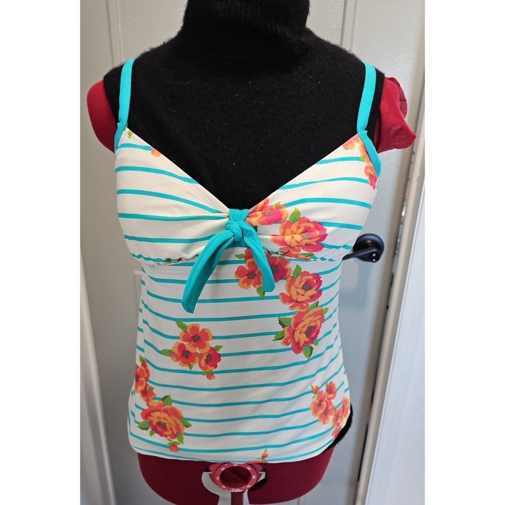 Relativity Floral Stripe Tankini Swim Top Women's Medium Tie Front Padded Cups